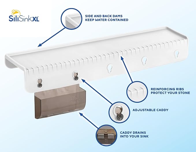 SiliSink XL Silicone Edge Guard for Kitchen Sink - Fits 3.75” - 4” Wide - The Original Silicone Sink Edge Protector with Sponge Caddy - Splash Guard, 20” White