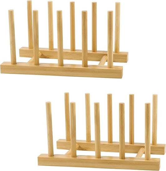 SAMEBUTECO 2-Pack Bamboo Kitchen Rack with 4 Slots and 5 Connector Pegs – Vertical Organizer for Plates, Pots, Lids, Bowls & Cutting Boards – Durable Wooden Dish Holder with Spare Pegs & Gift Box