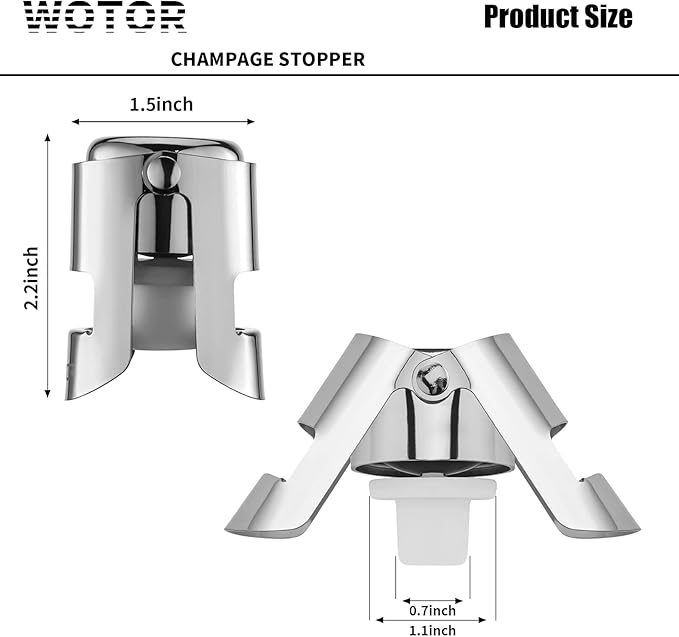 WOTOR Stainless Steel Champagne Stoppers - Champagne Bottle Stoppers with Silicone Seal, Reusable Cork & Saver, Suitable for Prosecco & Sparkling Wine, Silver, 3 Pack