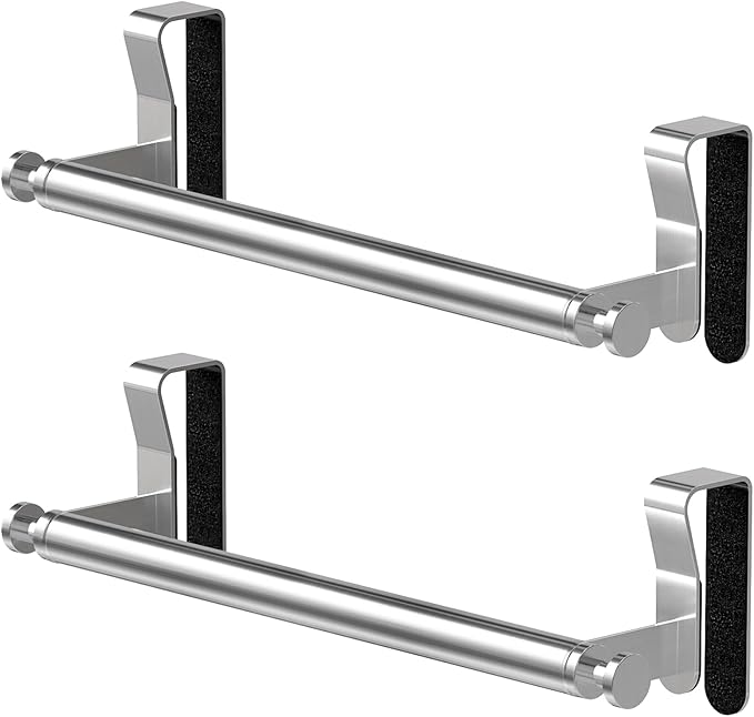 Over Cabinet Towel Holder, Stainless Steel Over The Cabinet Towel Rack Bars for Kitchen Cabinet Doors, Dish Towel Holder with Hooks, 2 Pack (Brushed Nickel)
