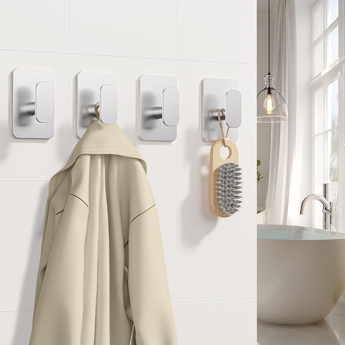 Large Heavy Duty Wall Hooks - 26lb Max, Stainless Steel Adhesive Towel Hooks for Hanging Towel, Coat, Robe, Hat, Sticky Towel Holder for Wall Mount in Bathroom, Shower, Kitchen(Silver, 4 Pack)