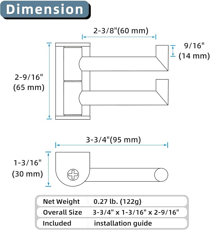 Angle Simple Swivel Robe Hook Polished Chrome, 304 Stainless Steel Bathroom Towel Double Hook for Wall
