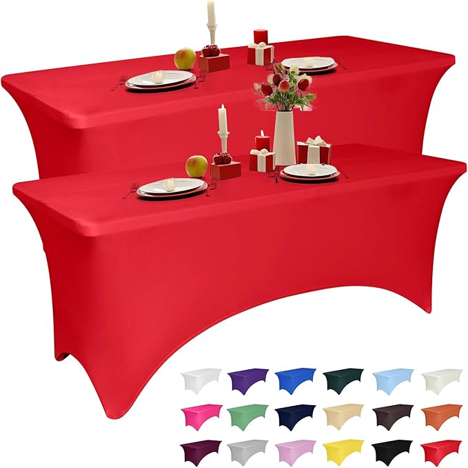 2 Pack 6 Feet Red Spandex Tablecloth for Rectangular Tables, Fitted & Stretch, Washable, Wrinkle Resistant, Perfect for Event, Wedding, Party, Banquet, Cocktail, Festival, and Table Protector
