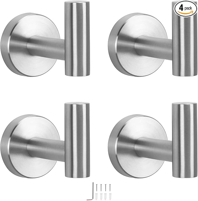 NearMoon Bath Towel Hooks- SUS 304 Stainless Steel Robe Hook Holder, Heavy Duty Coat Hook for Bathroom Livingroom Hotel Kitchen Garage, Wall Mounted- 4 Pack (Brushed Nickel)
