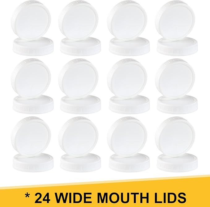 AOZITA 24 PACK, WIDE Mouth Mason Jar Lids for Ball, Kerr and More - White Plastic Storage Caps for Canning Jars - Leak-Proof & Anti-Scratch Resistant Surface