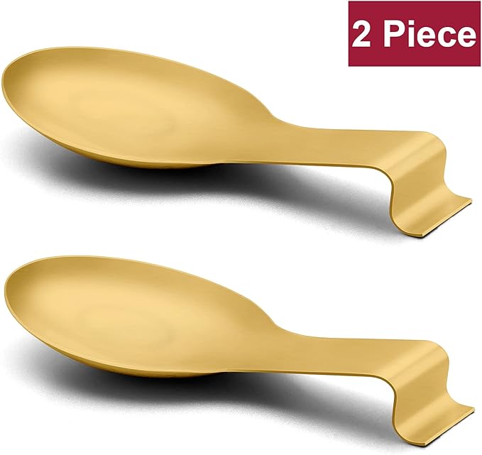 Spoon Rest Set of 2, E-far Stainless Steel Gold Spoon Ladle Holder Spatula Rest for Kitchen Stove Top, Large Size & Dishwasher Safe