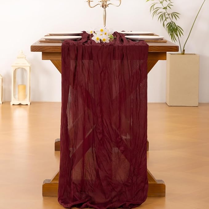Socomi 6pcs Burgundy Red Summer Cheesecloth Table Runner Boho Rustic Gauze 120 inch 10FT Cheese Cloth Sheer Runner for Wedding Party Baby Shower Birthday Home Decor Holiday Decorations