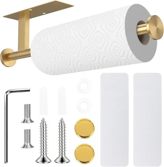 Paper Towel Holder Wall Mount - Self Adhesive No Drill or Drilling, SUS304 Stainless Steel - Kitchen, Bathroom, Sink, Pantry, Fridge (Gold)