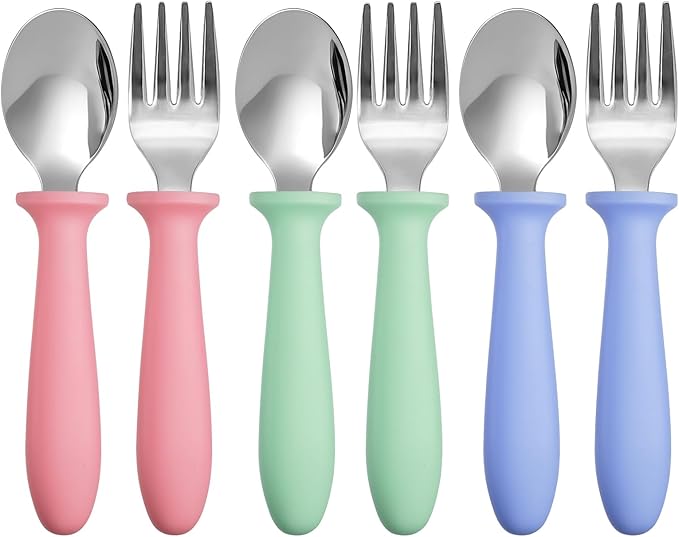 Pimoys 6 Pieces Toddler Utensils Forks and Spoons,Kids Silverware Set with Plastic Handle Stainless Steel Toddler Silverware,Dishwasher Safe