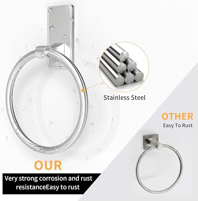 Adhesive Towel Ring, Bathroom Hand Towel Holder SUS304 Heavy Duty Stick On Towel Holder for Kitchen, Brushed Nickel