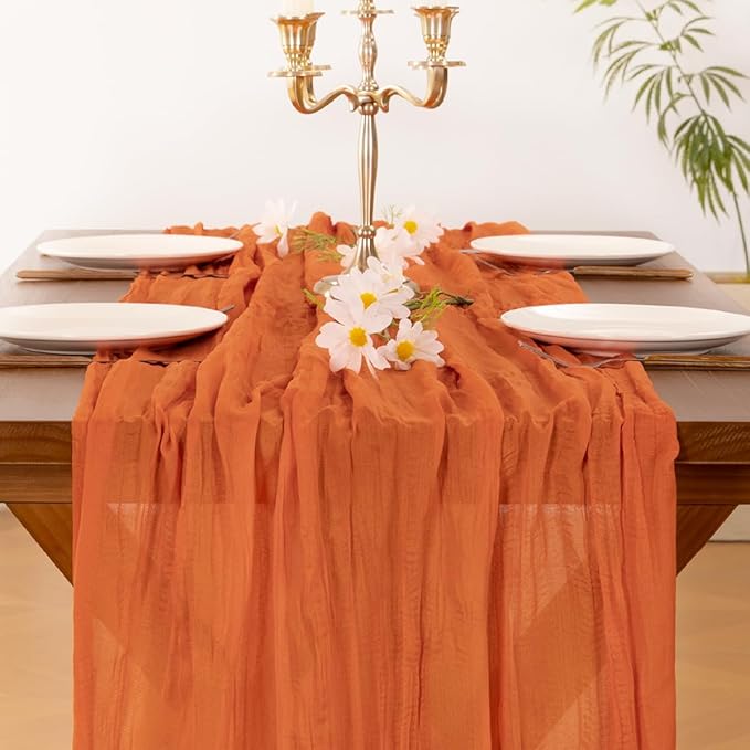 Socomi 6pcs Orange Cheesecloth Table Runner Summer Boho Rustic Gauze 120 inch 10FT Cheese Cloth Sheer Runner for Wedding Party Baby Shower Birthday Home Decor Holiday Decorations