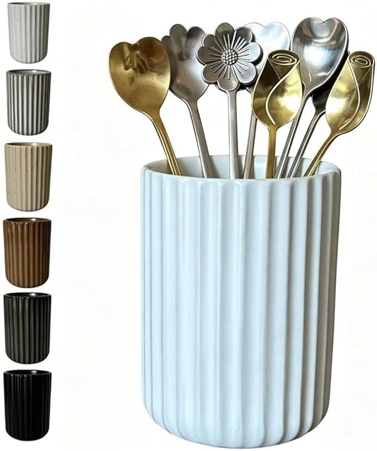 TOPYOKK Stoneware Coffee Bar Utensil Holder Tea & Coffee Spoon & Stirrer Holder for Stir Stick Straw Teaspoon Holder Spoon Cup Small Utensil Jar Fluted Vertical Stripe (Pure White)