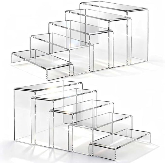 10 Pcs (2 Sets) Large Acrylic Risers 5 Sizes(7" L~9" L) Riser Display Shelf Cupcake Stand Display Cabinet Clear Rectangular Display Stands Set