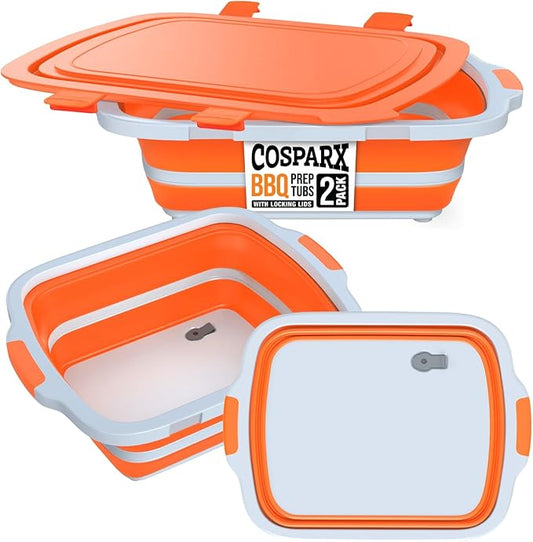 2-Pack XL Collapsible BBQ Prep Tub with Built-In Cutting Board, Lid & Strainer – Marinate, Drain & Prep – Large Food-Safe Container – Perfect for Grilling, Smoking & Outdoor Cooking