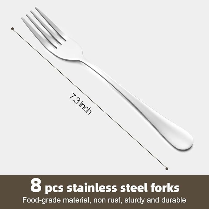 8 Pcs Dinner Forks Set, Food Grade Stainless Steel Forks Silverware, Metal Fork, Flatware Fork for Home, Kitchen or Restaurant, Mirror Polished, Dishwasher Safe, 7.3 Inches