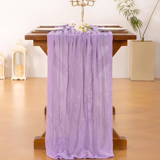 Socomi 2pcs Lilac Purple Lavender Cheesecloth Table Runner Summer Boho Rustic Gauze 120 inch 10FT Cheese Cloth Sheer Runner for Wedding Party Baby Shower Birthday Home Decor Holiday Decorations