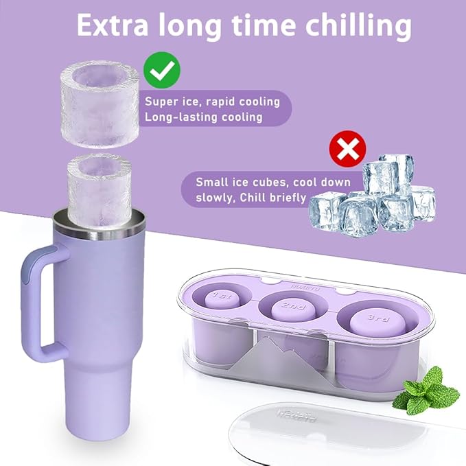Ice Mold for Stanley Cup 30/40 Oz - Easy Fill and Release Without Touching Ice, Silicone Ice Cube Tray with Clear Lid and Bin for Freezer, Whiskey, Cocktail (Purple)