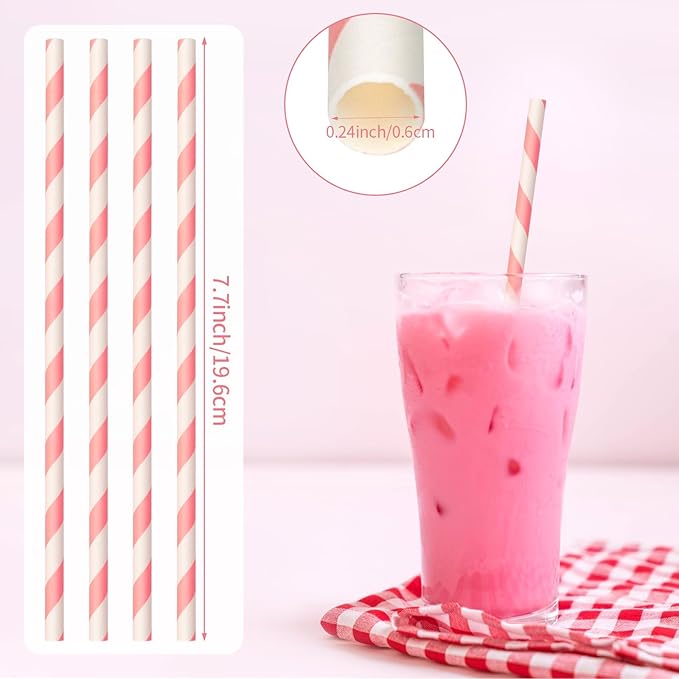100 Packs Pink Biodegradable Striped Paper Straws, Disposable Drinking Straws for Birthday Carnival Summer Pool Party Wedding Baby Shower Halloween Christmas Party Decoration Supplies