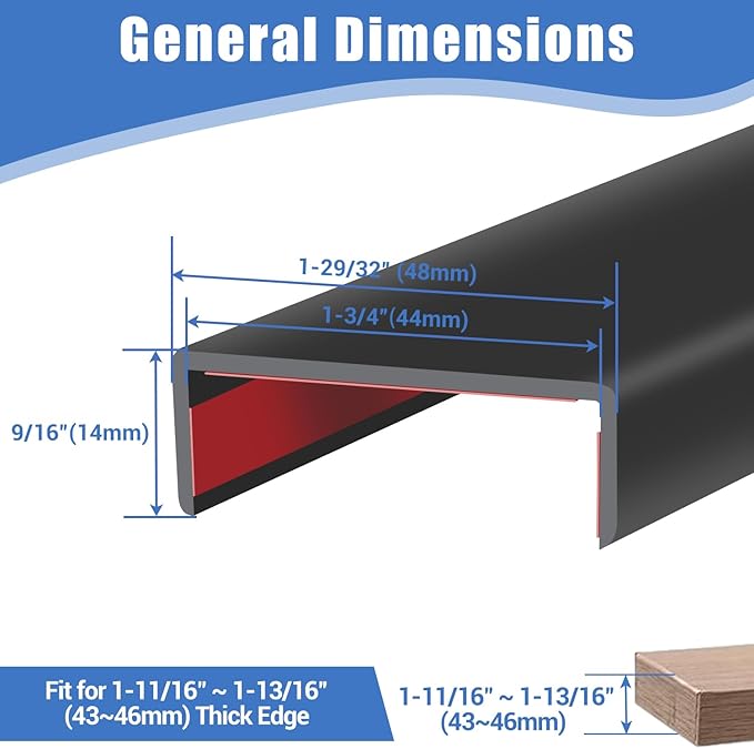 Rubber Edge Trim, 1-3/4 inches Self-Adhesive U Channel Edge Protector for Woods, Flexible U Shaped Peel and Stick Edge Banding, Edge Guard, Fit 1.75"(44mm), 20Ft, Black