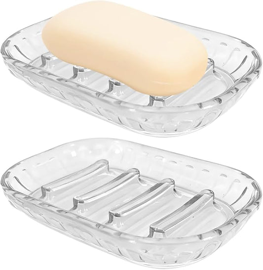 AMUONTY 2 Pack Soap Dish Holder for Bar Soap, Bathroom Soap Dishes Bar Soap Holder Tray, Soap Dishes for Shower Bathroom, Kitchen Sink Soap Dish, Clear