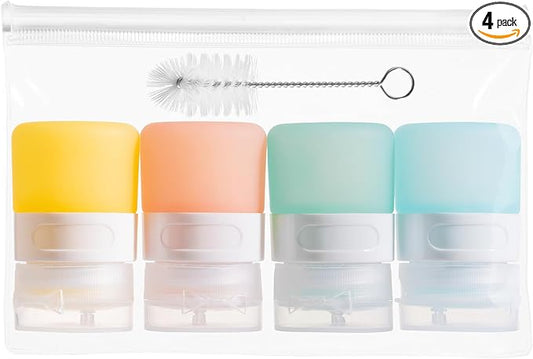 MICEBAY Condiment Squeeze Bottles for Sauces, 1-oz Mini Silicone Salad Dressing Container to Go with Reusable Sandwich Bag, Leakproof Ketchup Bottle for Bento Lunch Box, 4 Pack, Candies