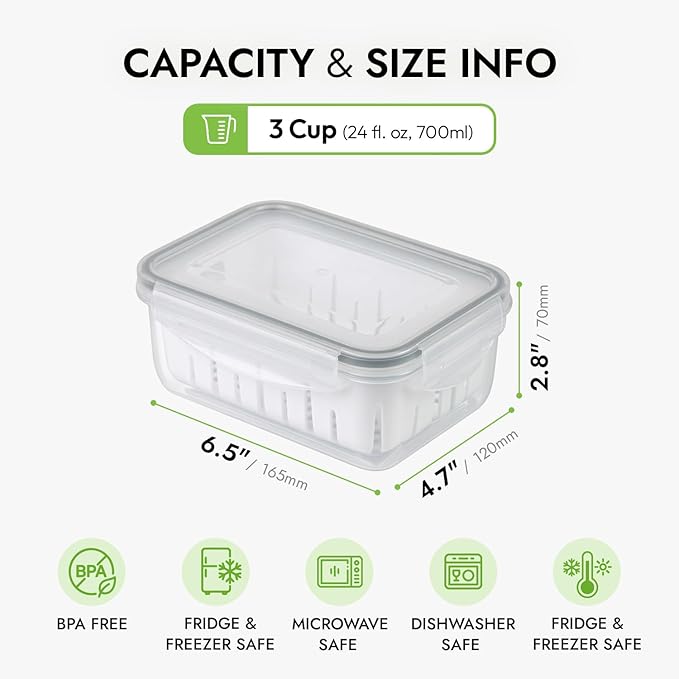 carrotez 3.0 Cup Produce Saver Container for Fridge with White Colander, Airtight Fruit & Vegetable Storage Bin, Removable Strainer Basket, BPA-Free, Stackable, 700ml