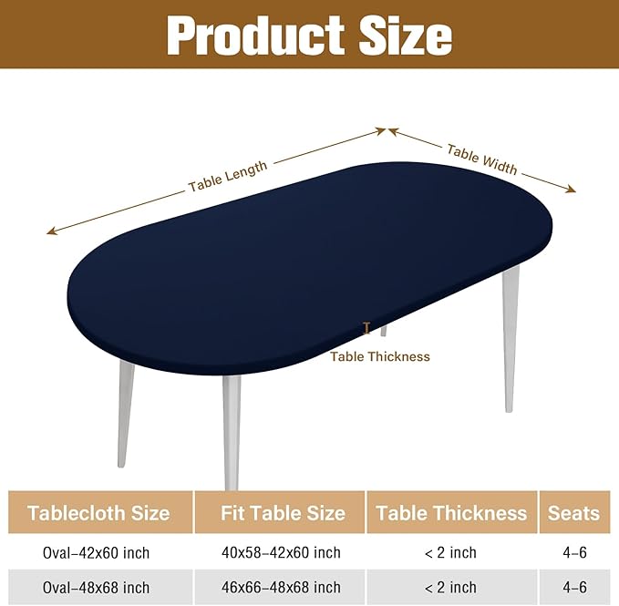 Fitted Oval Tablecloth 48 x 68 Inch Elastic Table Cloth, Stretch Spandex Table Cover Navy Washable Polyester Top Cap Cover for Dining Picnic Camping Indoor and Outdoor