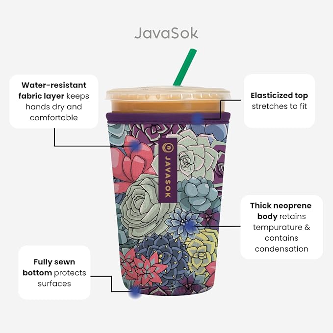 Sok It JavaSok Iced Coffee & Cold Soda Insulated Neoprene Cup Sleeve (English Garden Picnic, S/M/L 3-Pack)