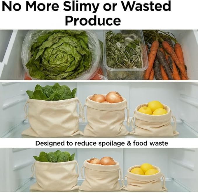 100% Cotton Reusable Vegetable Storage Bags Pack of 3 | Fridge & Kitchen Produce Bags with Drawstring | Eco-Friendly Fruit & Vegetable Storage Bags (1 Large, 1 Medium, 1 Small)