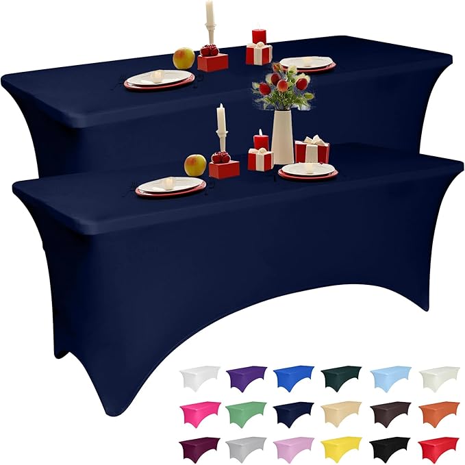 2 Pack 6 Feet Navy Spandex Tablecloth for Rectangular Tables, Fitted & Stretch, Washable, Wrinkle Resistant, Perfect for Event, Wedding, Party, Banquet, Cocktail, Festival, and Table Protector