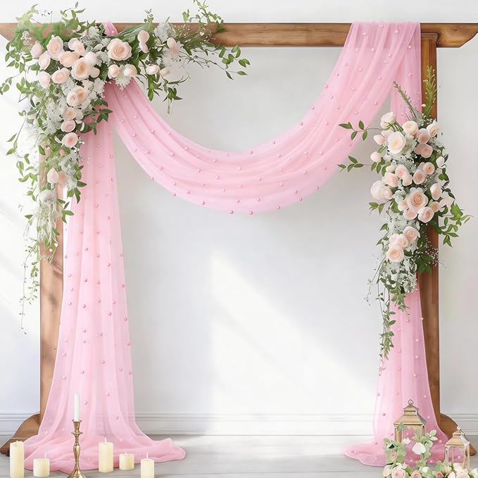 Socomi Pearl Table Runner Pink Summer Wedding Arch Draping Fabric 19FT Sheer Tulle Chiffon Gauze Cheese Cloth Outdoor Drapes for Birthday Party Baby Shower Bridal Engagement Decor