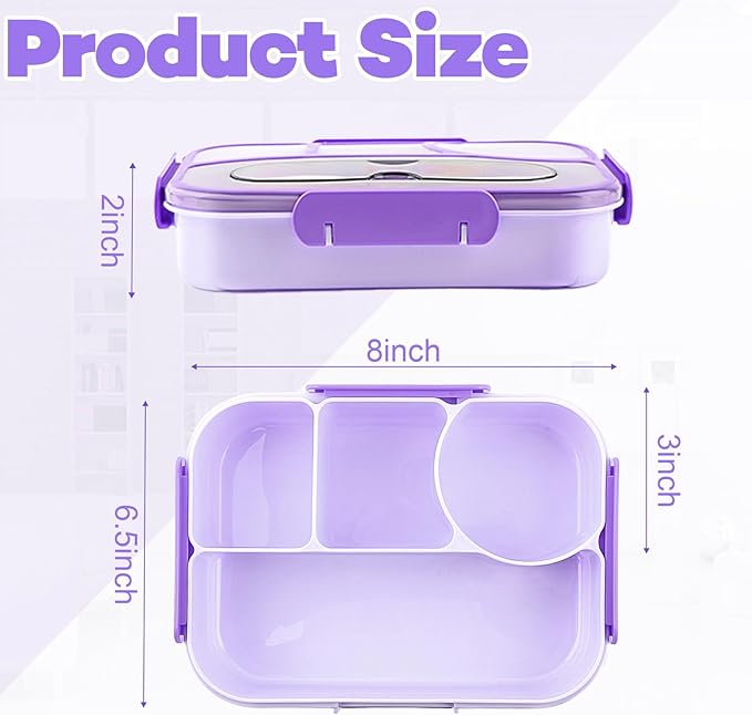 Bento Box for Adults,4 Compartments Lunch Box, Snack Containers Reusable Lunch Containers Drop-Proof, Dishwasher Safe & Made with BPA-Free Materials, Purple
