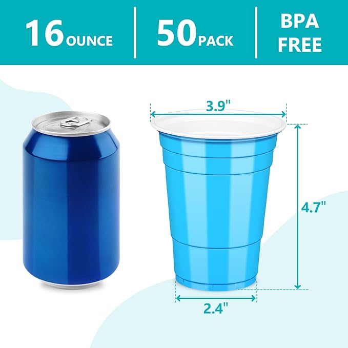 LANLISA 50 Blue Plastic Cups, 16 oz Disposable Cups, Drinking Cups For Party Supplies
