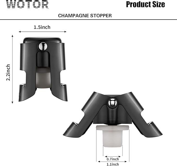 WOTOR Stainless Steel Champagne Stoppers - Champagne Bottle Stoppers with Silicone Seal, Reusable Cork & Saver, Suitable for Prosecco & Sparkling Wine, Black, 2 Pack