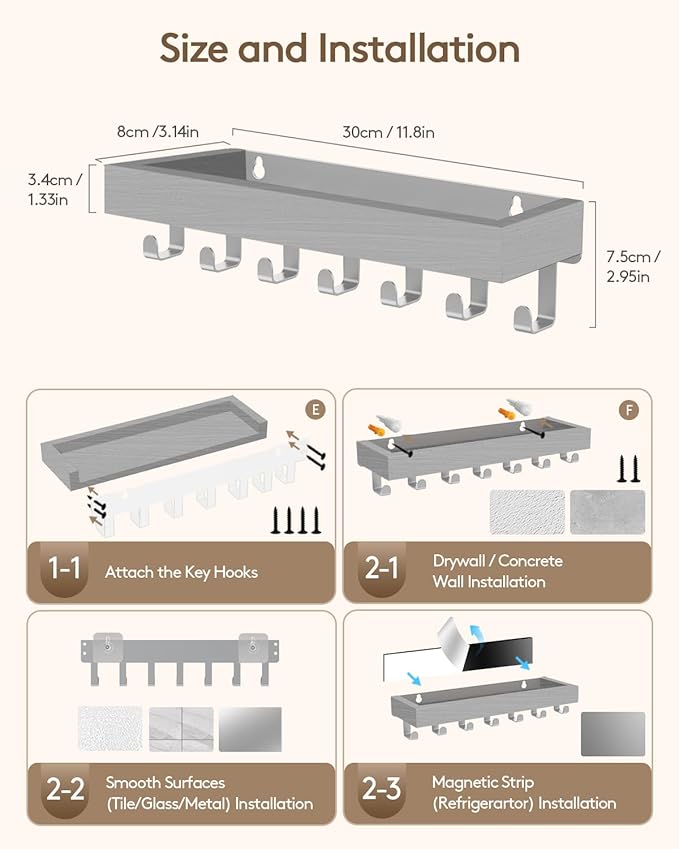 Key Holder Wall Mount Adhesive Magnetic - Hanging Key Hooks with Mail Organizer Tray for Wallet House Accessories - Keys Rack with Shelf for Camper Entryway Door Home Living Room Decor Grey Large