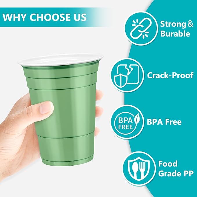 LANLISA 50 Sage Green Plastic Cups, 16 oz Disposable Cups, Drinking Cups For Birthday Party, Baby Shower, Easter Party