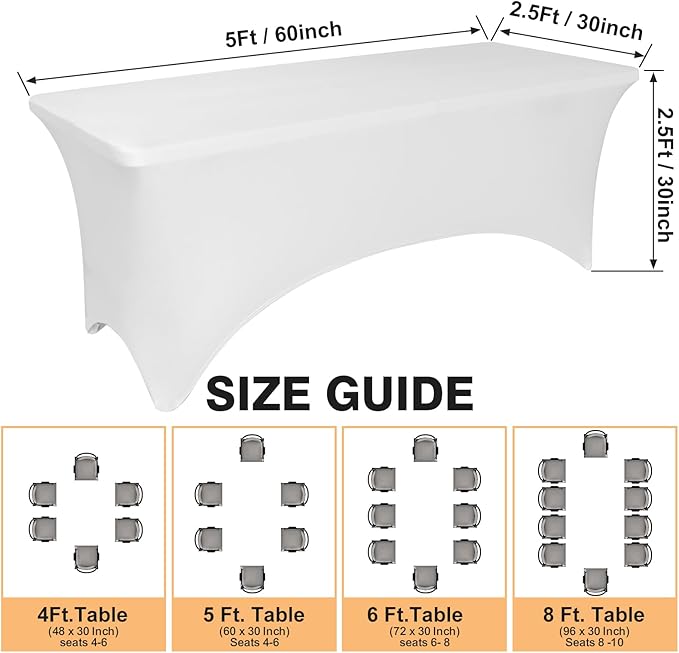 2 Pack 5 Feet White Spandex Tablecloth for Rectangular Tables, Fitted & Stretch, Washable, Wrinkle Resistant, Perfect for Event, Wedding, Party, Banquet, Cocktail, Festival, and Table Protector
