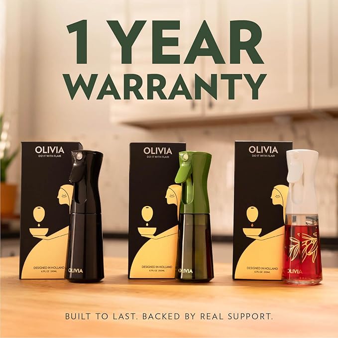OLIVIA SIGNATURE Advanced Kitchen Oil Sprayer with Flairosol Technology, Fine Mist & Portion Control, Refillable Glass Olive Oil Cooking Spray Bottle for Air Fryer, Salad, BBQ, 200ml (Green, Gold)