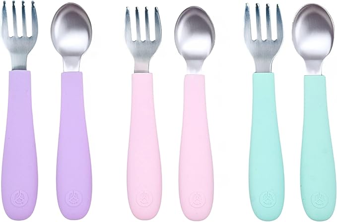 WeeSprout Toddler Utensils, 3 Forks & 3 Spoons, 18/8 Stainless Steel & Food Grade Silicone, Thick Easy-Grip Handles, Perfect Length For New Self Feeders, Gentle On Gums & Teeth, Dishwasher Safe