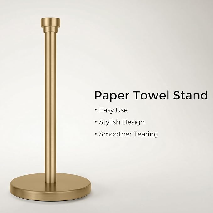 Warm Gold Paper Towel Holder Countertop, Freestanding Paper Towel Stand with Weighted Non-Slip Base, Easy Assembly, Unique Decorative End Cap for Kitchen and Bathroom