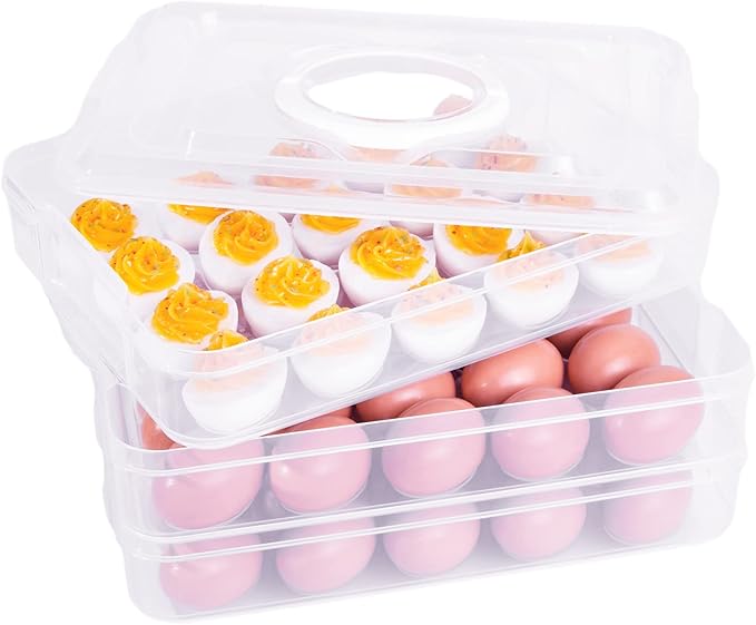 HANSGO Deviled Egg Containers with Lid, 3-Layer 60PCS Clear Egg Platter Carrier with Lid Dispenser for Easter Thanksgiving Party Home Kitchen Supplies