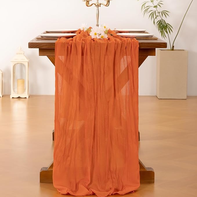 Socomi 6pcs Orange Cheesecloth Table Runner Summer Boho Rustic Gauze 120 inch 10FT Cheese Cloth Sheer Runner for Wedding Party Baby Shower Birthday Home Decor Holiday Decorations