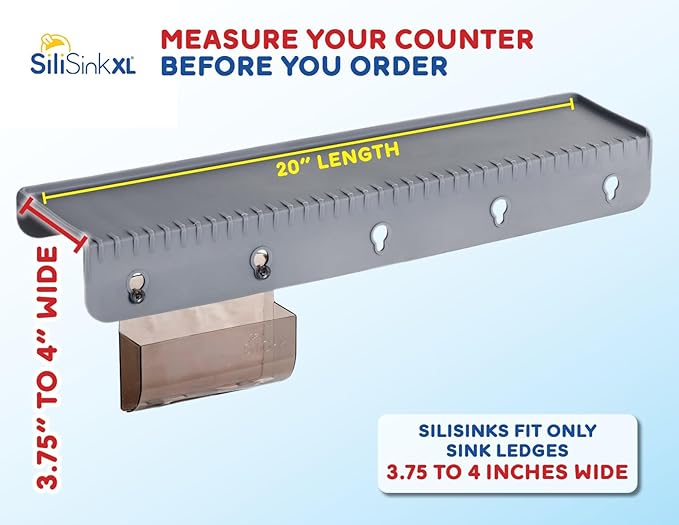 SiliSink XL Silicone Edge Guard for Kitchen Sink - Fits 3.75” - 4” Wide - The Original Silicone Sink Edge Protector with Sponge Caddy - Splash Guard, 20” Gray