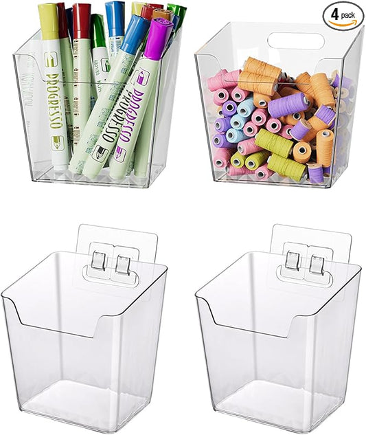 Clear Adhesive Wall Storage Bins, 4 Pack Cabinet Door Organizer Holders, Hanging Wall Mount Pockets, Plastic Cups for Shower Bathroom Makeup Office Craft Remote Kitchen Sink RV Organization (Small)