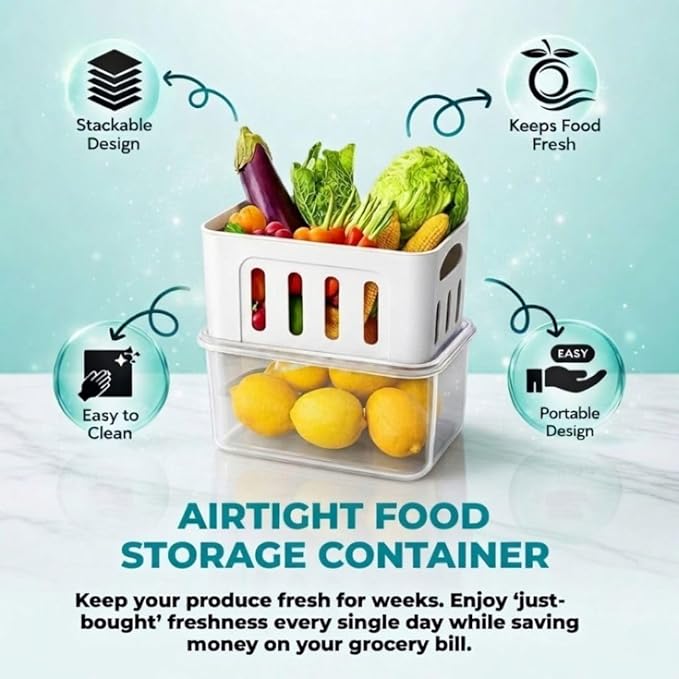 Fruit Containers for Fridge Keep Fresh, 5-Pack BPA-Free Produce Storage Containers with Removable Colander, Airtight Fridge Organizer for Berry Vegetable, Microwave & Dishwasher Safe (White)