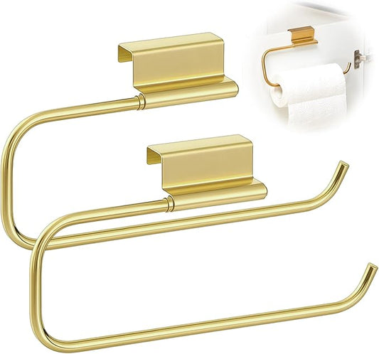 12.4 Inches Cabinet Door Paper Towel Holder Camper Under Sink No Drilling Paper Towel Storage and Dispenser for RV Kitchen Bathroom Laundry Room, Stainless Steel(Gold,2 Pcs)