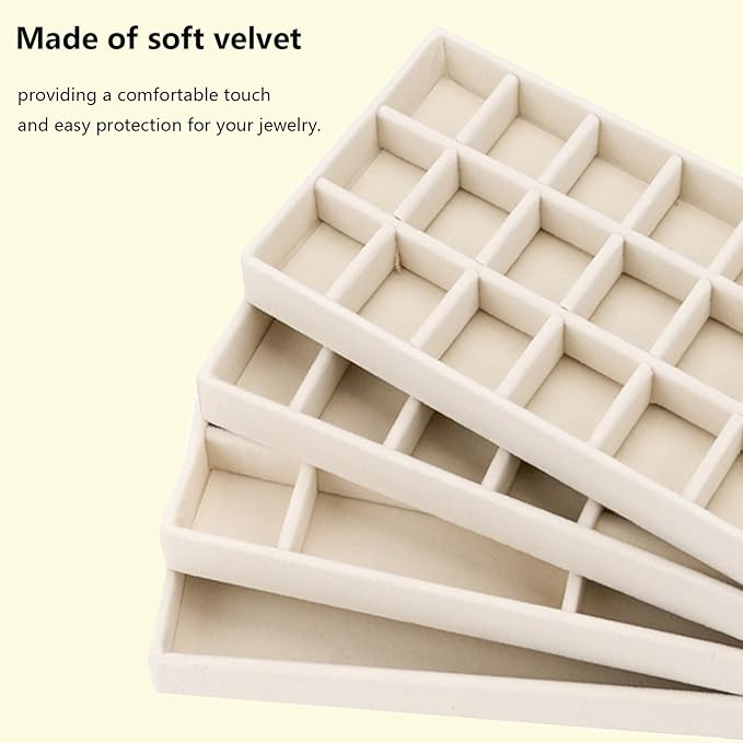 Velvet Jewelry Organizer for Drawer, Stackable Jewelry Drawer Inserts in Dresser, 8in Beige Storage Display Case for Rings Stud Necklaces Accessories, Set of 4