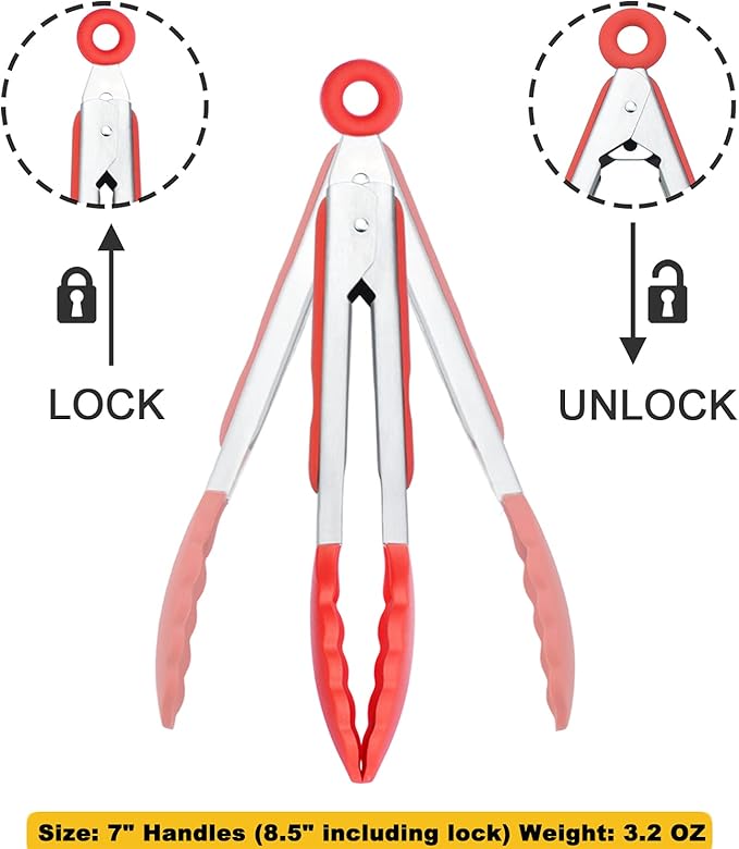 HINMAY 7-Inch Mini Silicone Tongs Small Serving Tongs for Appetizers, Set of 3 (Red)