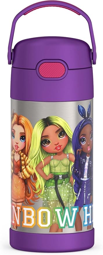 THERMOS FUNTAINER 12 Ounce Stainless Steel Vacuum Insulated Kids Straw Bottle, RAINBOW HIGH