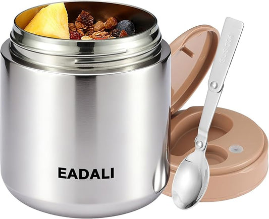 Eadali 15.2oz Kids Food Jar for Hot Food – Vacuum Insulated Lunch Container with 316 Stainless Steel Interior, Leakproof Wide Mouth & Foldable Spoon for School Meals